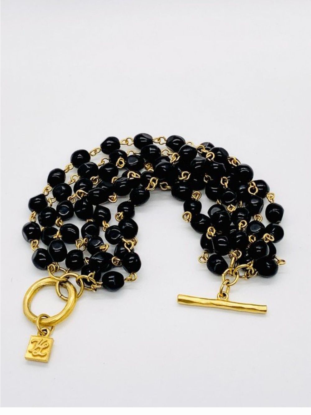 Vintage Karl Lagerfeld Black Resin Beaded Bracelet Gold-Tone Chain & Toggle 8in
